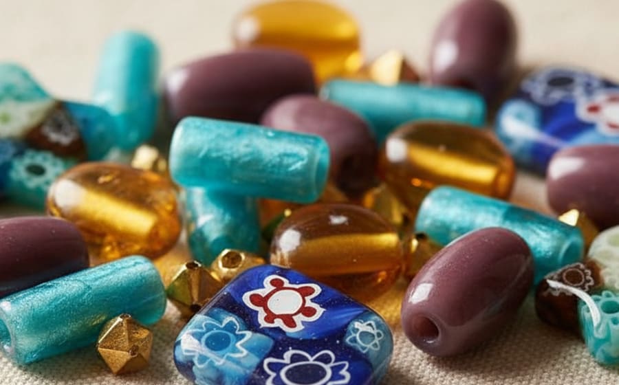 Gemixx glass beads in amber, teal, plum and millefiori